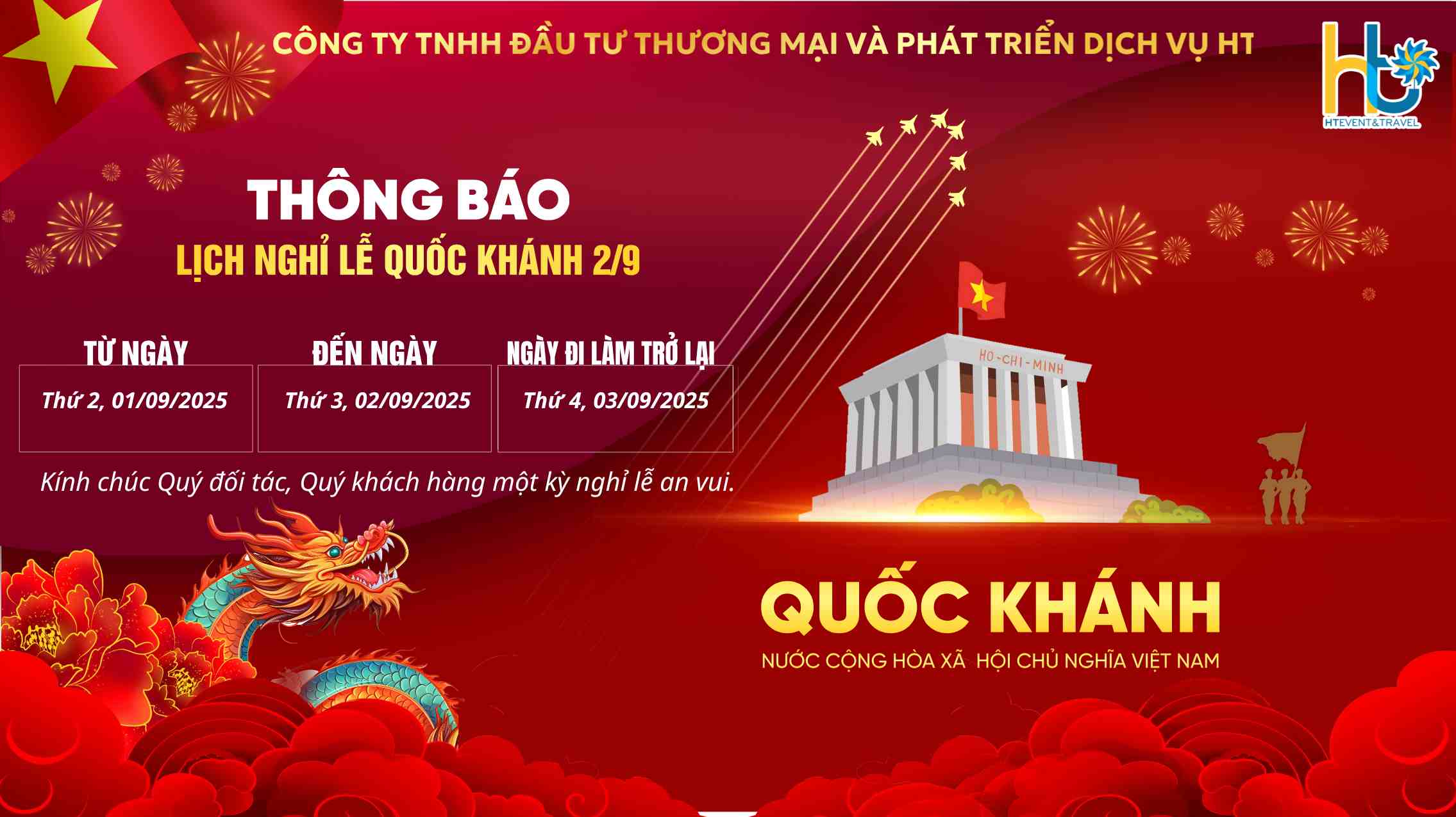 THÔNG BÁO NGHỈ LỄ QUỐC KHÁNH 02/09/2025